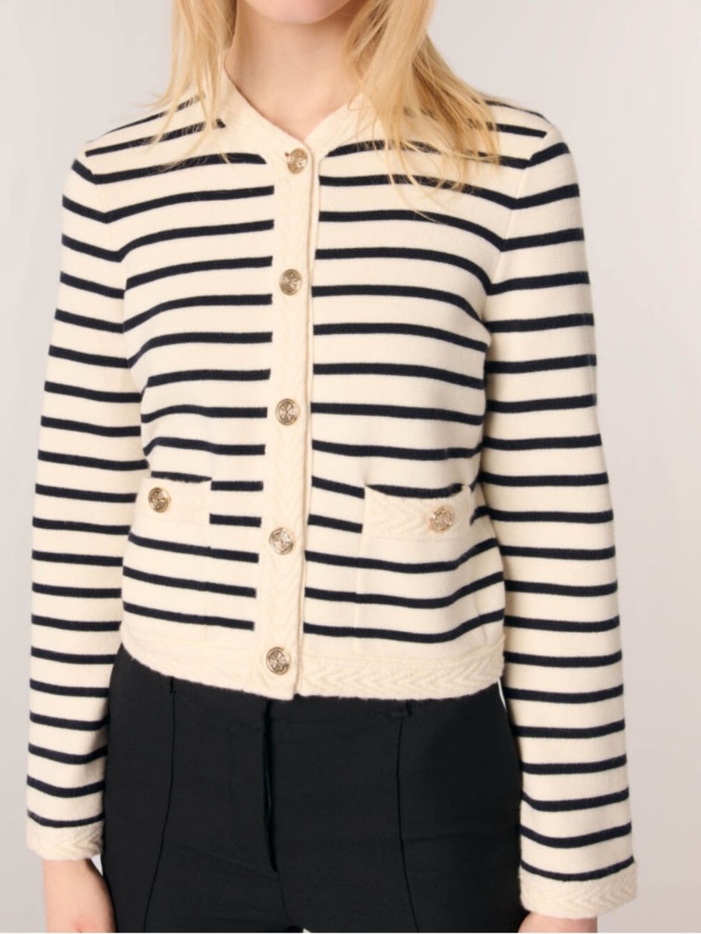 MAISON D’AMELIE Striped Cardigan jacket navy blue & cream size large